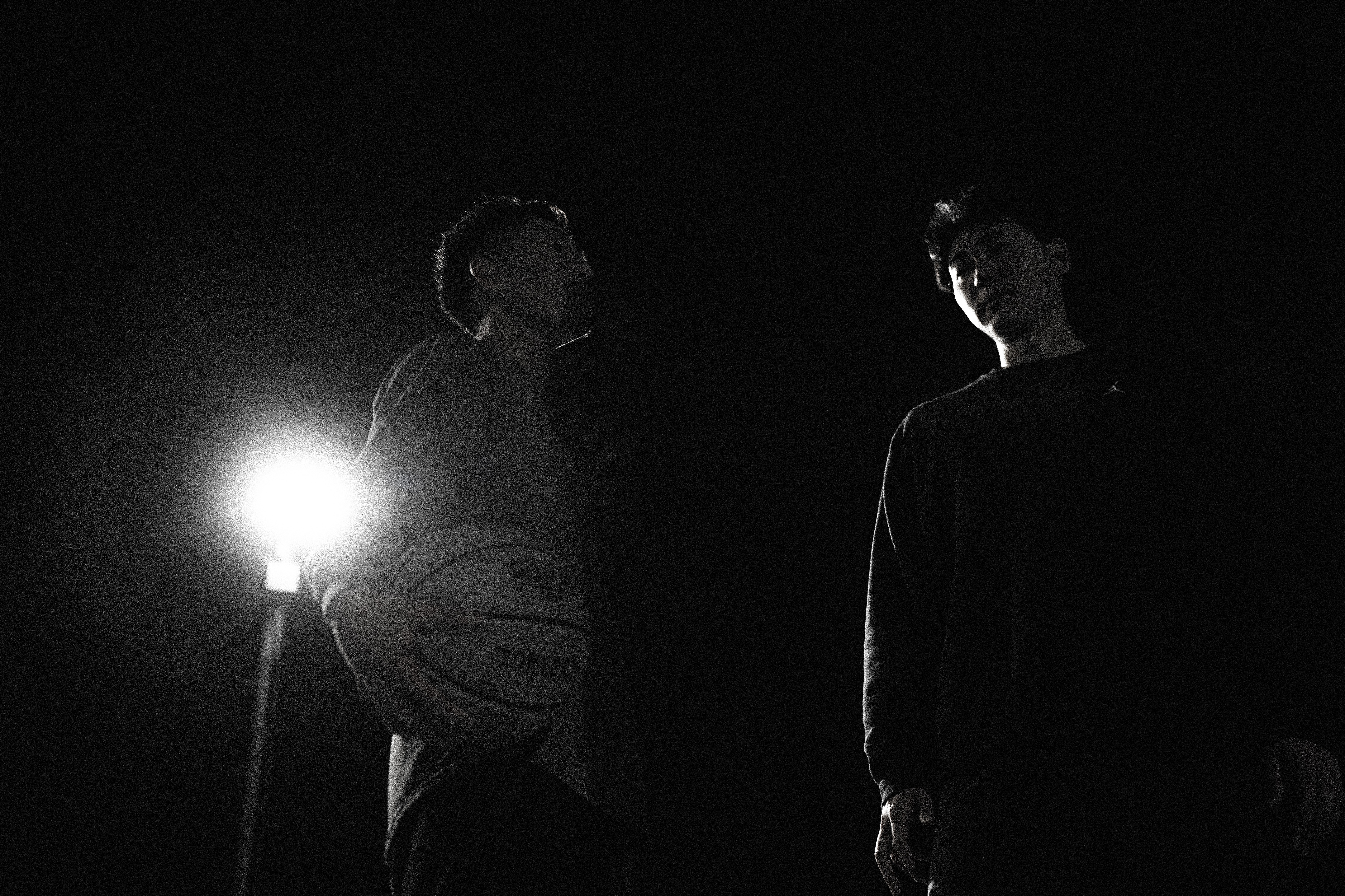 Black and white basketball scene